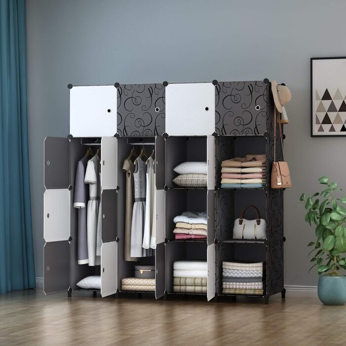 Шафа HOMIDEC модульна пластикова, 20 кубів, 2 штанги для одягу, біло-чорна, 180x142x45 см, для спальні