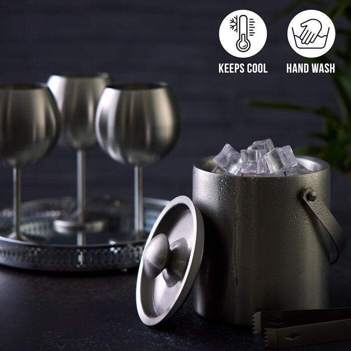 Двошаровий відерце для льоду Oak & Steel з нержавіючої сталі 2 л з кришкою та щипцями, набір із 3 штук — стильний та міцний льодовий контейнер для кубиків льоду
