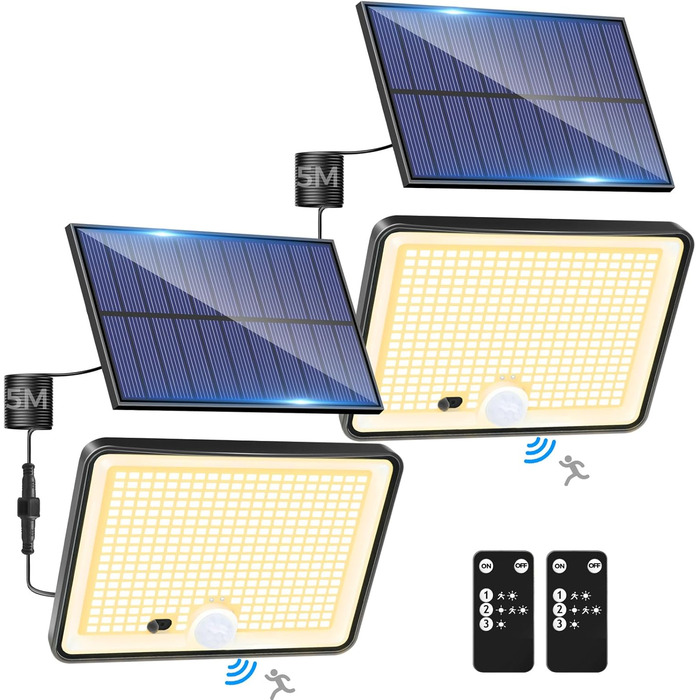Сонячні ліхтарі LOTMOS з датчиком руху, 342 LED, IP65, 3 режими, з пультом, тепле біле світло, для вулиці, саду, гаража, 2 шт.
