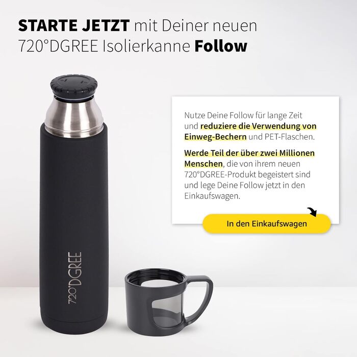 Термос 720°DGREE Follow 1 л з чашкою, нержавіюча сталь, герметичний, BPA-free, зберігає тепло 12 годин, холод 24 години, для кави, чаю, роботи, школи, подорожей