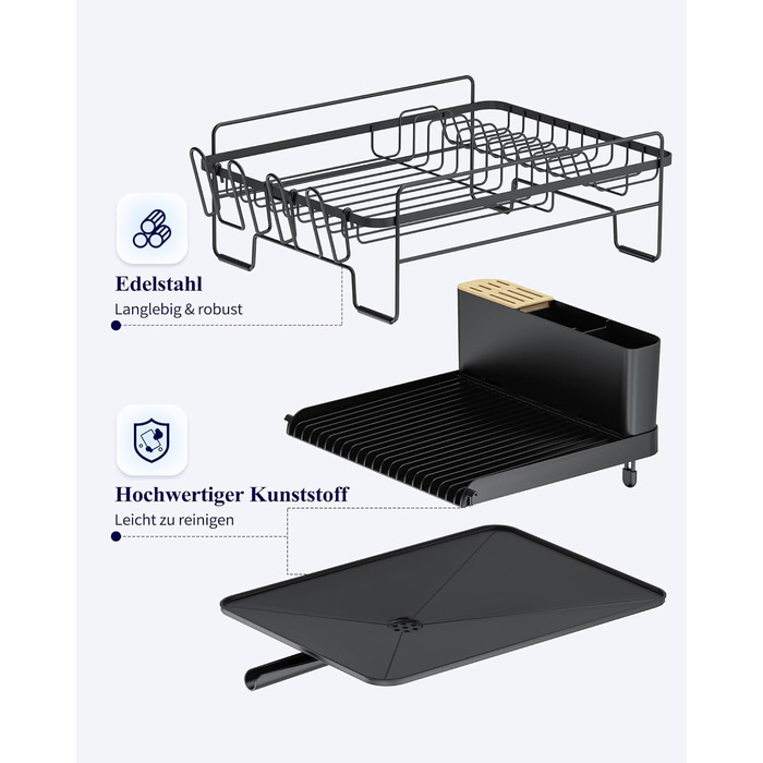 Kitsure сушарка для посуду, розсувна, багатофункціональна, з підставкою для столових приборів, 67.8x32.7x14.9 см, чорна