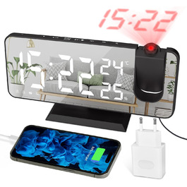 Цифровий проекційний LED-будильник із зарядкою, радіобудильник з USB-портом, подвійний будильник, LED-дзеркальний екран, регульована яскравість, індикація температури та вологості, чорний
