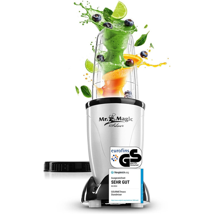 Блендер GOURMETmaxx Mr. Magic Mixer 4-в-1, міксер для смузі, подрібнювач, 8 функцій, з чашею та кришкою, для шейків, смузі, коктейлів
