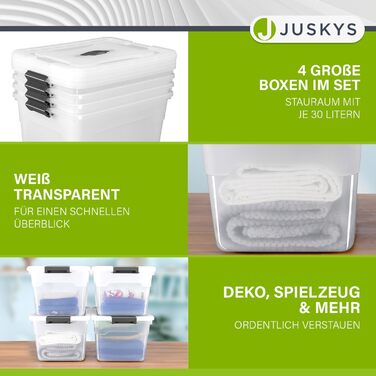 Набір пластикових контейнерів Juskys з кришкою, 4 шт по 45 л, прозорі, великі, штабельовані — органайзери для зберігання