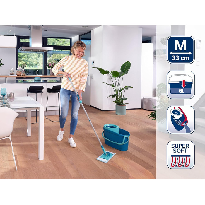 Leifheit CLEAN Twist M Ergo 2.0 – набір для прибирання: плоска швабра з мікрофібри для вологого догляду за паркетом, ламінатом і дерев'яною підлогою, система віджиму, Click-System, насадка Supersoft