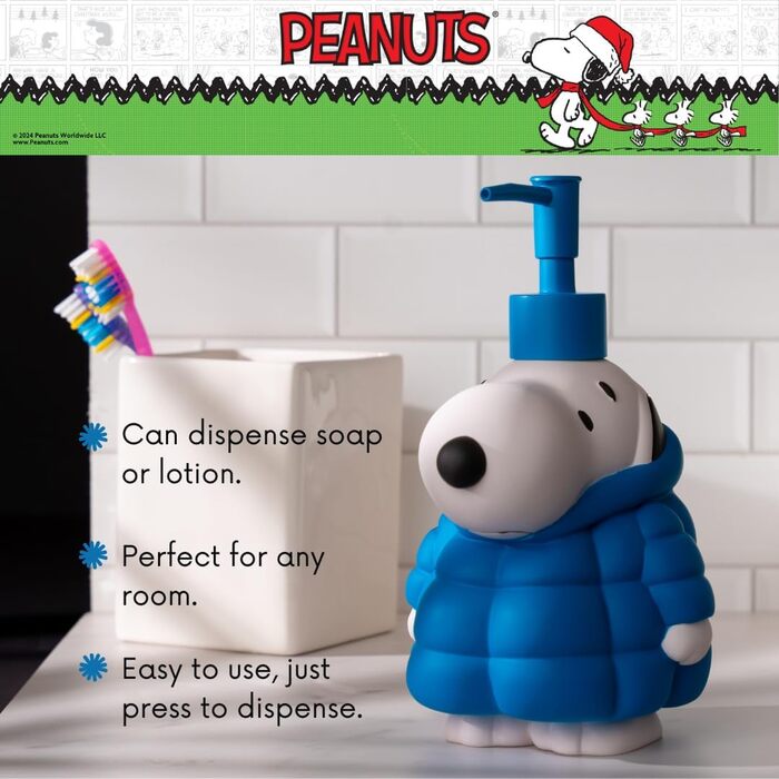 Диспенсер для мила/лосьйону Franco Peanuts Snoopy, 488 мл, офіційний, смола, для кухні та ванної, святковий дизайн Різдво