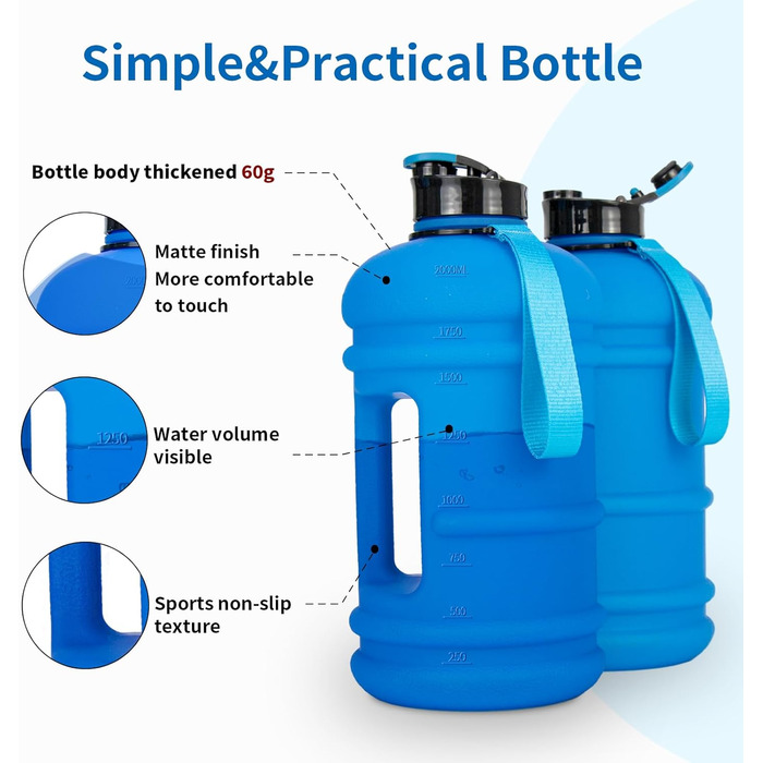 Спортивна пляшка для води TOOFEEL 2 л, BPA Free, з мірною шкалою, багаторазова, для тренувань, матова темно-синя, 1893 мл