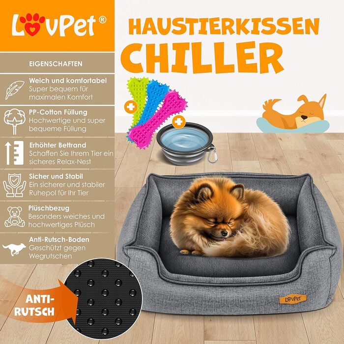 Лежак для собак Lovpet® Chiller з мискою та 3 кісточками, знімний та праний чохол, сірий, 90x75x25 см, для малих, середніх і великих собак