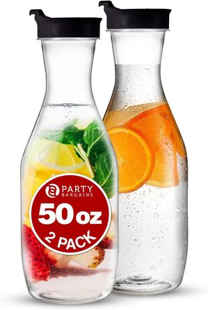 Пластикова глечик-карафа з кришкою Party Bargains, 1,5 л, 2 шт, прозора, чорна відкидна кришка, преміум-якість, міцний пластик для холодних напоїв, соку, мімоз, айс-ті