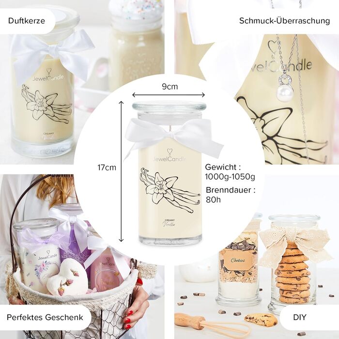 Ароматна свічка JuwelKerze Creamy Vanilla з підвіскою з срібла, велика бежева свічка-ювелірка з орієнтальним ароматом, сюрприз-прикраса всередині, ідеальний подарунок для жінок, 80 годин горіння
