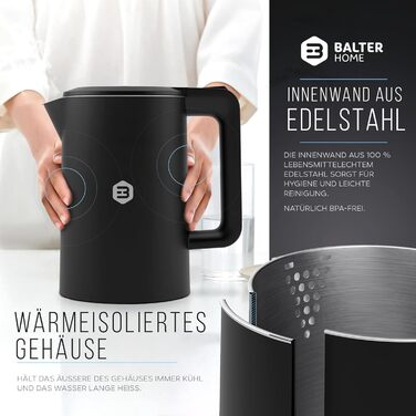 Електрочайник Balter WK-4 з нержавіючої сталі, 1.7 л, подвійні стінки, LED-підсвітка, BPA-free, тихий, чорний