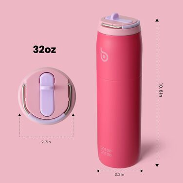 Термобутилка ізольована bottlebottle 946 мл, нержавіюча сталь, з трубочкою та ручкою, для спорту, подорожей, фітнесу, подвійні стінки, герметична, BPA-free, рожева