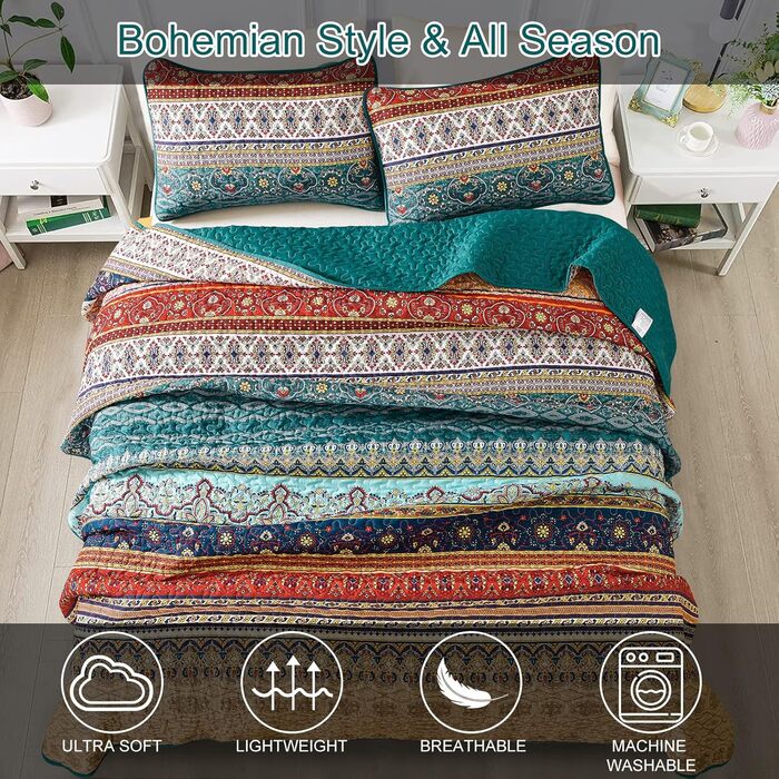 Покривало WONGS BEDDING Boho 220x240 см, стьобане, мікрофібра, комплект 3 в 1 (2 наволочки 50x70), для двоспального ліжка та дивана, бежево-зелене, для спальні
