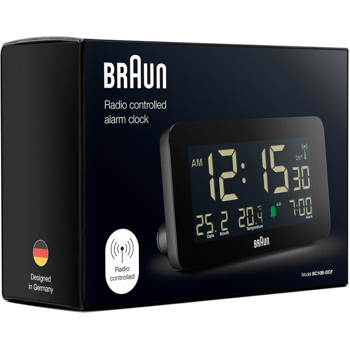 Цифровий радіокерований будильник Braun BC10B-DCF для Центральної Європи з датою, місяцем, термометром, негативним LCD-дисплеєм, швидким налаштуванням, чорний