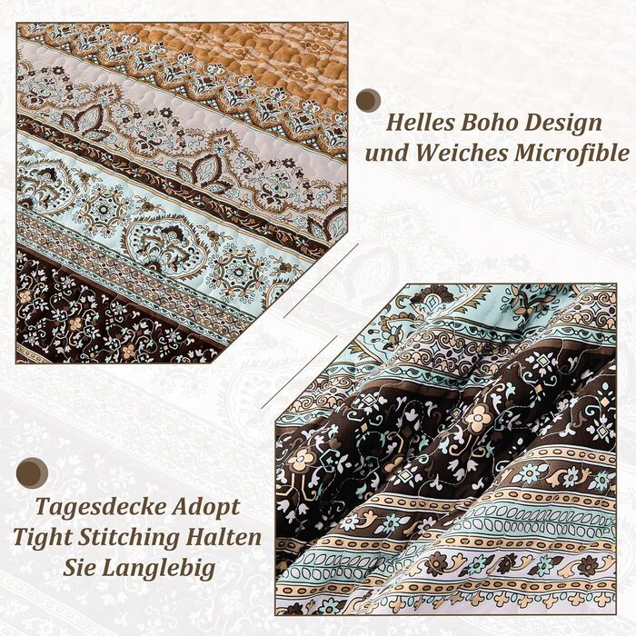 Покривало WONGS BEDDING 220x240 см Boho, стьобане, мікрофібра, 3 предмети: покривало та 2 наволочки 50x70, для двоспального ліжка, коричневе, для спальні чи дивана
