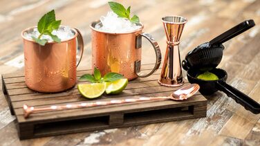Набір для коктейлів Moscow Mule: 2 кухлі 500 мл, мірний стакан 5cl, барна ложка 27 см, чорна преса для лайму, харчова мідь, подарункова коробка