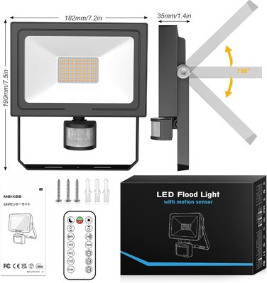 MEIKEE LED прожектор 15Вт з датчиком руху та пультом, тепле світло 2700K, 150-1200 Лм, IP66, водонепроникний, для вулиці, саду, гаража, спортмайданчика, комплект 2 шт. (еквівалент 60Вт)