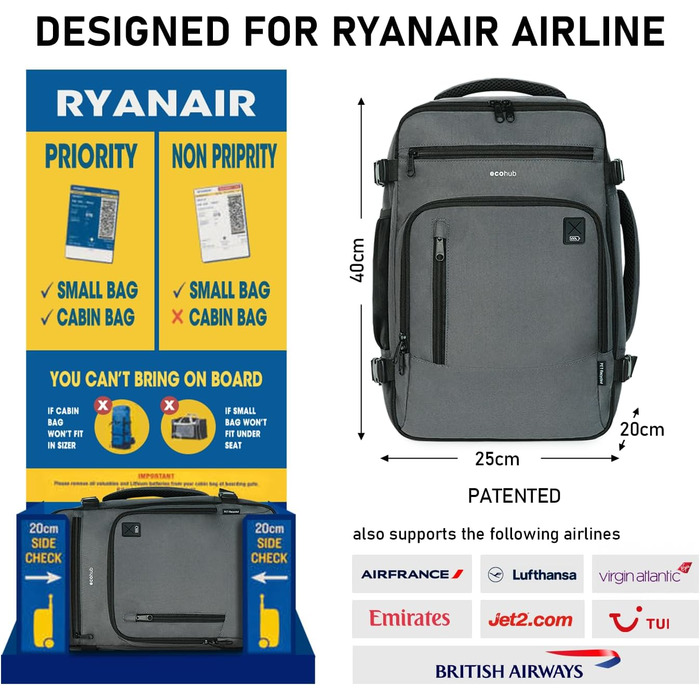 Рюкзак ручна поклажа 40x20x25 для Ryanair, водонепроникний, екологічний, під сидіння, 20л, для ноутбука, жіночий, сірий