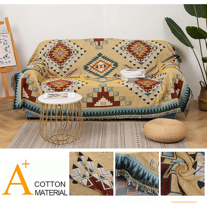 Плед Boho для дивана 130×180 см, в'язаний плед з китицями, декоративний накидка для ліжка, дивана та крісла