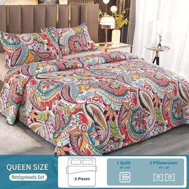 Покривало Qucover 220x240 см, бавовна, стиль бохо, кольорове стьобане для двоспального ліжка, 2 наволочки, комплект «Пейслі»
