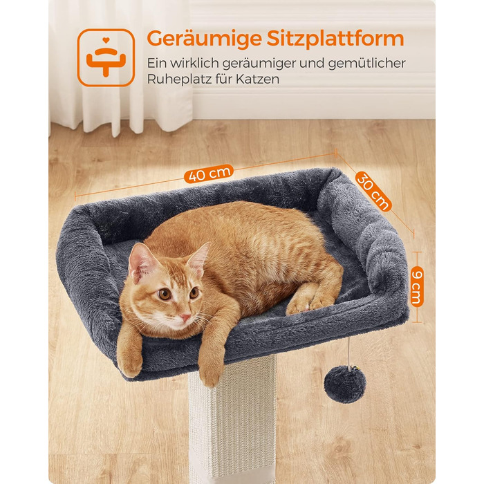 Feandrea Когтеточка для котів, 71 см, з платформою 40x30 см, стовпчиком із сизалю, основою 45x40 см, з плюшевим м’ячем, темно-сіра