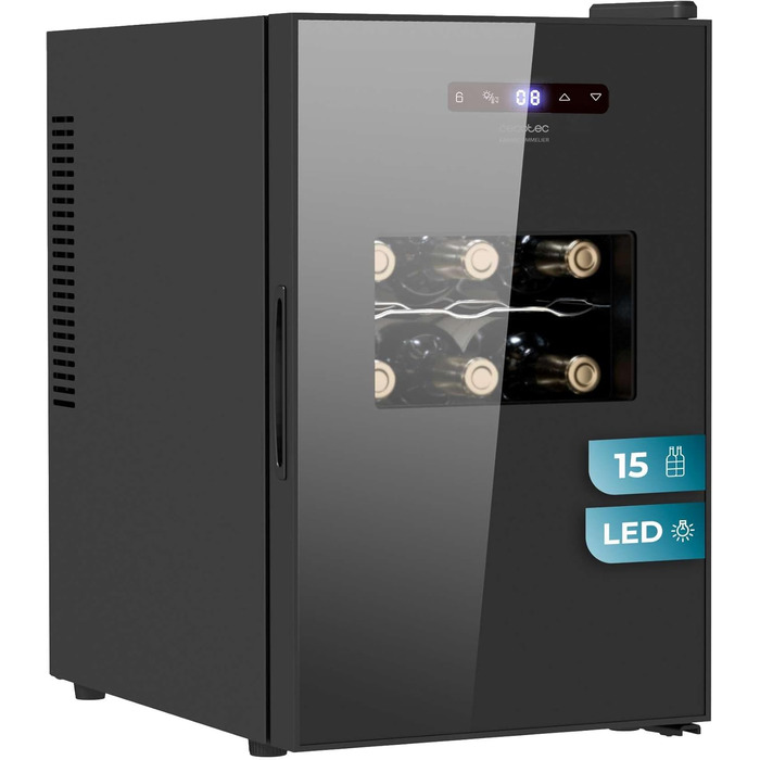 Винний шафа Cecotec Bolero GrandSommelier 830 CoolWood, термоелектрична, тиха, для 15 пляшок, регульована температура 8-18°C, сенсорне керування, енергоощадна, чорна
