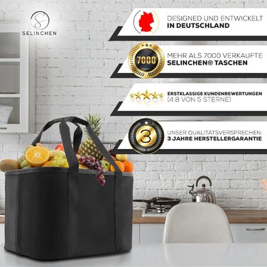 Selinchen® Преміум кошик для покупок 30 л, складна сумка з PU-шкіряною ручкою, чорний, стильна для пікніка та шопінгу