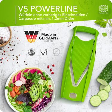 Овочерізка Börner V5 Profi Set, 7-в-1, з 10 видами нарізки, нержавіюча V-подібна лезо, кухонний хобель із док-станцією, зелений колір
