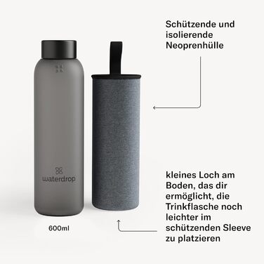 Скляна пляшка для води waterdrop® Edition 600 мл, боросилікат, герметична, підходить для газованої води, BPA-free, з неопреновим чохлом, можна мити в посудомийці