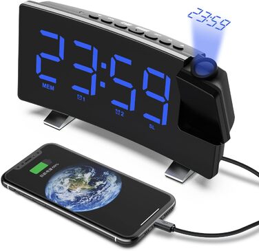 Цифровий годинник-будильник VORRINC з проекцією 180°, FM-радіо, подвійним будильником, USB-портом, функцією повтору, автоматичним затемненням, синій, для спальні та стелі