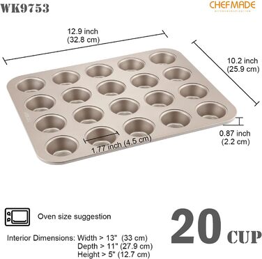 Форма для міні-мафінів CHEFMADE на 20 отворів, антипригарна для випікання кексів, шампань золото