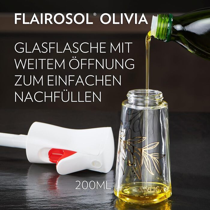Скляний олійний спрей FLAIROSOL OLIVIA 200 мл з дозуванням, для кухні, салатів, гриля, випічки, золоті листя