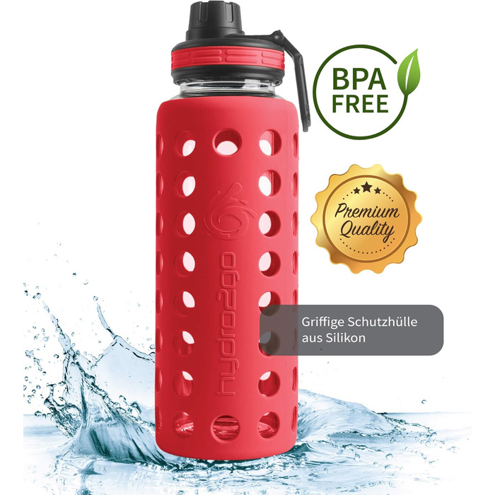 Скляна пляшка для води з силіконовим чохлом Urban Red 950 мл, 100% герметична, BPA-free, з двома кришками, для спорту, фітнесу, офісу, йоги, посудомийна машина