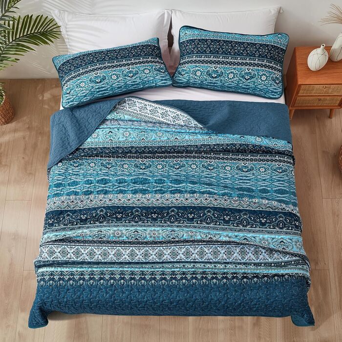 Покривало WONGS BEDDING 220x240 см, стьобане, комплект 3-в-1, мікрофібра, бохо стиль, темно-синє, з 2 наволочками 50x70 см, для двоспального ліжка або дивану