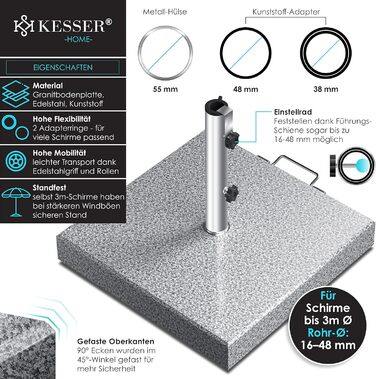 Гранітна основа для парасолі KESSER 30 кг з ручкою, квадрат, з нержавіючою трубою, для парасольок 16-48 мм, сіра, для саду та балкону