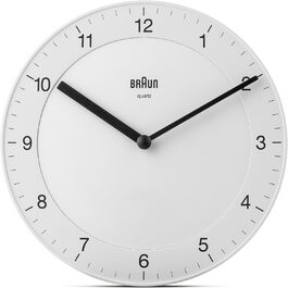 Настінний годинник Braun BC06W, класичний, аналоговий, кварцовий механізм, тихий хід, білий циферблат, 20 см