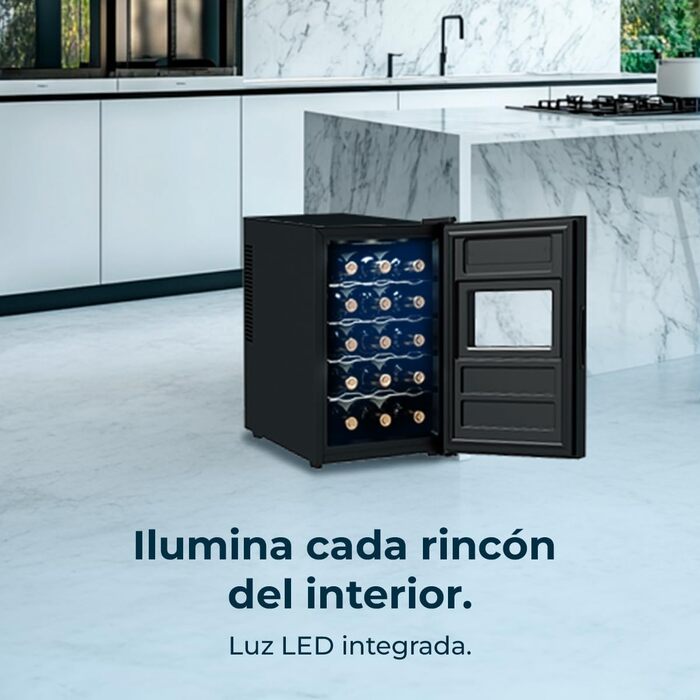 Винний шафа Cecotec Bolero GrandSommelier 830 CoolWood, термоелектрична, тиха, для 15 пляшок, регульована температура 8-18°C, сенсорне керування, енергоощадна, чорна