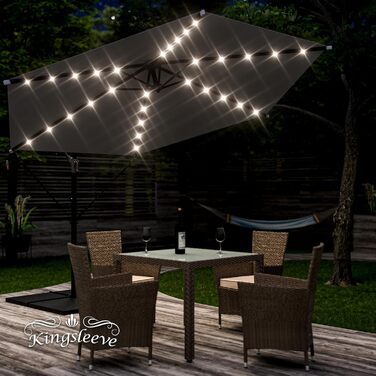 Парасолька для саду Kingsleeve 300 см з LED-підсвіткою, сонячною батареєю, UV 80+, антрацит, для тераси та балкону, з чохлом і стійкою