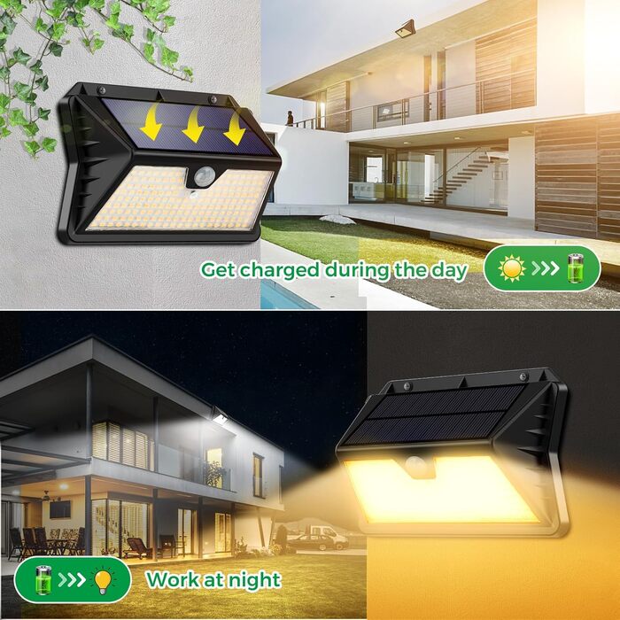 Сонячні LED ліхтарі для вулиці з датчиком руху, 185 LED, 3 режими, IP65, водонепроникні настінні світильники для саду, гаража, двору, вхідних дверей, холодне та тепле біле світло, 2 шт.