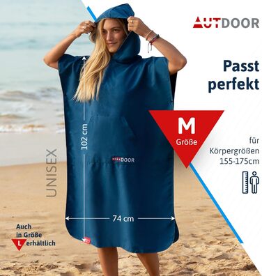 Пончо-рушник AUTDOOR® з мікрофібри для пляжу та водних видів спорту, жіноче та чоловіче, швидковисихаюче, компактне, з переробленого PET, колір синій, розмір M