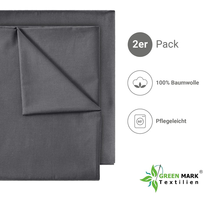 Комплект з 2 класичних простирадл GREEN MARK, 150x250 см, антрацит, 100% бавовна, без резинки