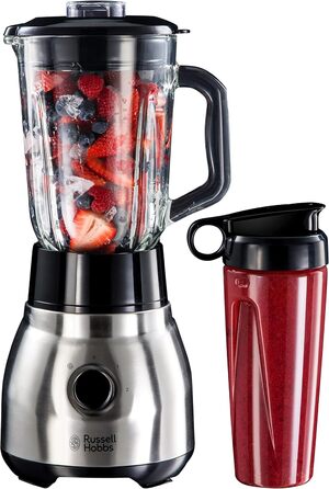 Стаціонарний блендер Russell Hobbs 2-в-1: 1,5 л скляна чаша + 0,6 л пляшка для смузі, нержавіюча сталь, подрібнення льоду, BPA Free, для коктейлів та смузі, модель 23821-56
