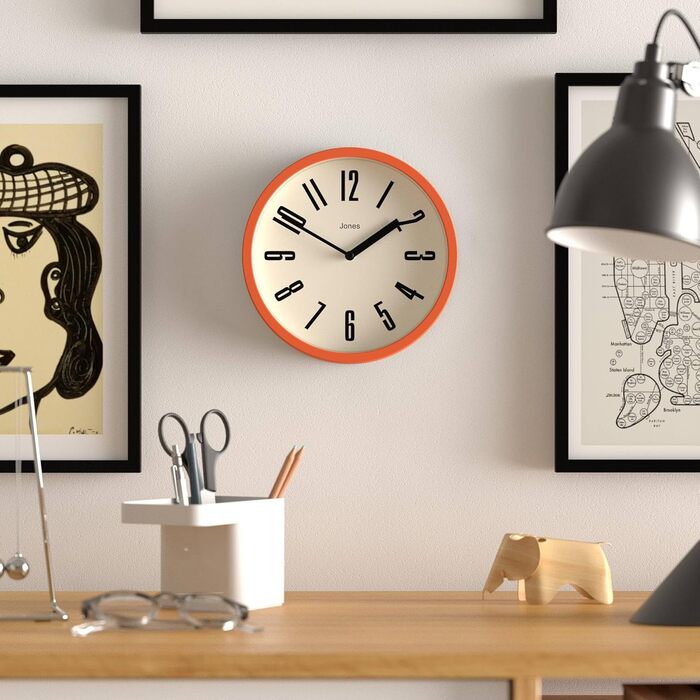 Настінний годинник JONES CLOCKS 20 см, ретро, помаранчевий, легке читання, для кухні, офісу, дитячої кімнати