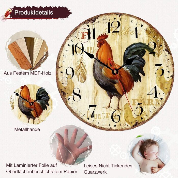 Настінний годинник VIKMARI Rustic Rooster 12 дюймів, безшумний кварцовий, круглий для кухні, батарейковий
