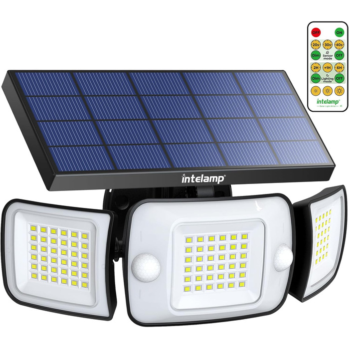 Вуличний сонячний LED-світильник INTELAMP з датчиком руху, 6000 мА·год, 1200 Лм, 270° ширококутний, з пультом, IP65 для тераси та гаража
