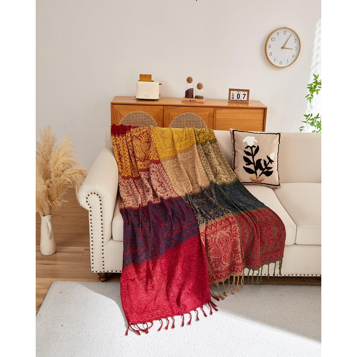 Покривало AIVIA Boho для дивана і ліжка, велике, азтецький гіпі стиль, червоний/зелений/жовтий, 221x262 см, захисний чохол на меблі, декоративна накидка