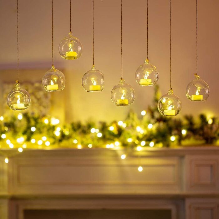 Підвісний скляний підсвічник-куля 8 см з LED свічкою, набір 12 шт. Декор для весілля, вечірки, столу, саду та Різдва