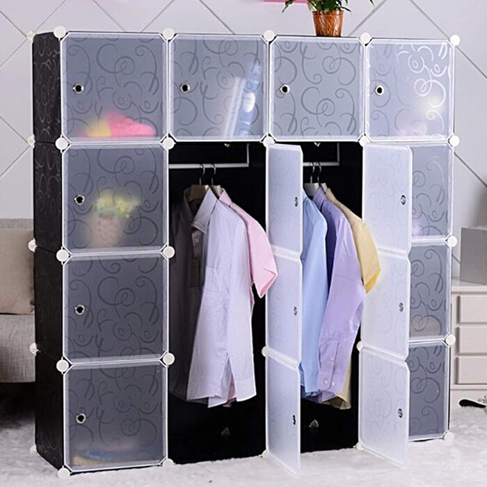 Шафа для взуття та одягу DIY, модульний органайзер 16 секцій, 111x37x147 см, чорний з дверцятами, для взуття, одягу, іграшок і книг