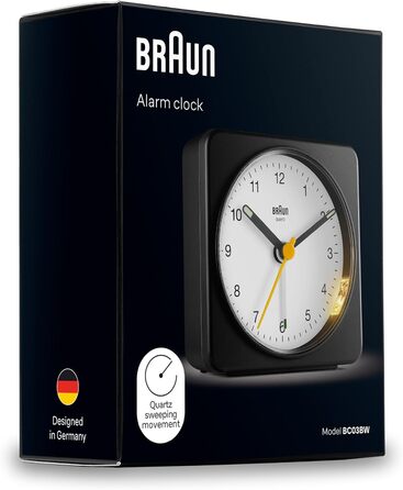 Braun класичний аналоговий будильник з підсвіткою та функцією дрімоти, безшумний кварцовий механізм, поступове збільшення гучності сигналу, чорний/білий, модель BC03BW