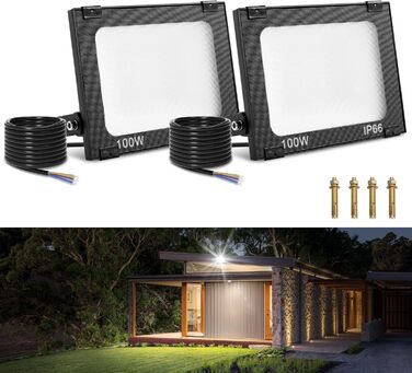 LED прожектор Viugreum 100Вт 8000Лм IP65 холодне світло, зовнішній, комплект 2 шт, для двору, гаража, під'їзду, з кабелем 50 см